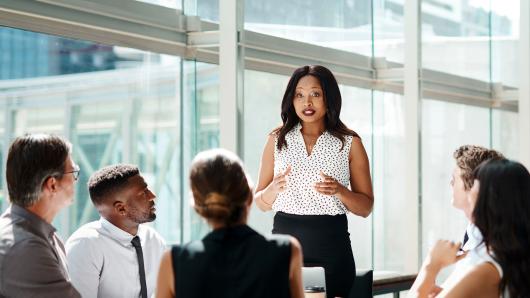 Diverse group of executives in a discussion in a modern office with large windows and natural light