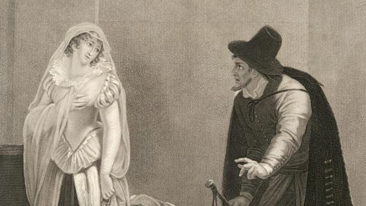 A man in a hat and cloak looks with uncertainty toward a woman in white, who looks back at him.